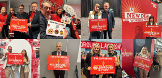 Collage of BJC members of staff and MP's holding the Hillsborough Law Now sign sion