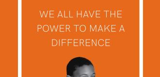 A photo of Stephen Lawrence on an orange background with the text: We all have the power to make a difference