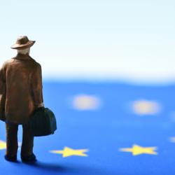 A photo of a small model figure of a person in a brown coat and brown hat carrying a suitcase facing away from the camera. The floor the figure is standing on is the European Union flag and it looks like the figure is looking at the flag.