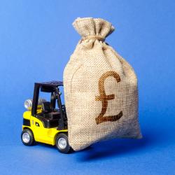 A yellow forklift moving a moneybag with a pound sign on it.