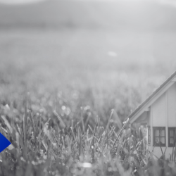 a black and white photo of a house with a blue key shaped logo with 'national conveyancing week 2024' written inside