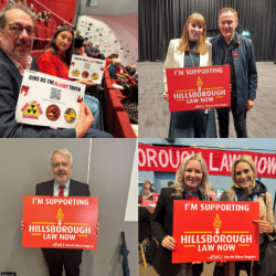 Collage of BJC members of staff and MP's holding the Hillsborough Law Now sign sion