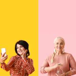 Group of mature women on colour background