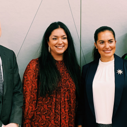 Chris, Hetal, Rachel Boyle (external speaker) and Esther smile for a picture in Walker House foyer 