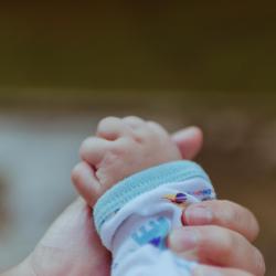 A baby's hand being held by its parent's hand.